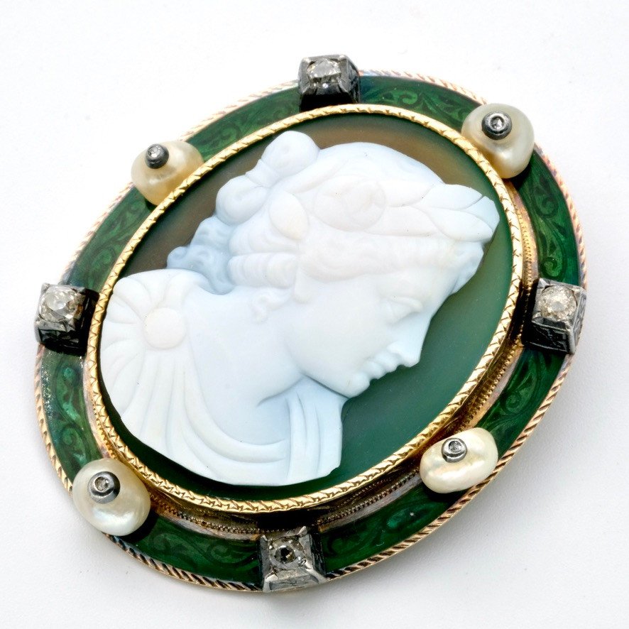 1900 Gold Cameo Brooch Agate Enamel Pearls And Diamonds.-photo-2