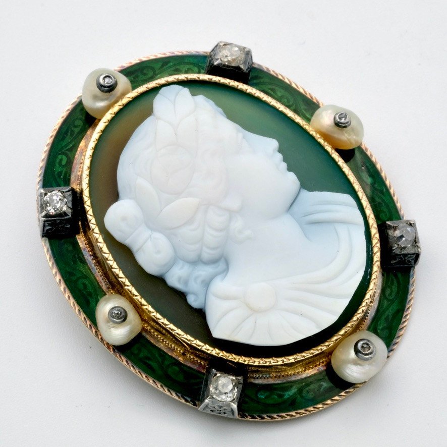 1900 Gold Cameo Brooch Agate Enamel Pearls And Diamonds.-photo-3