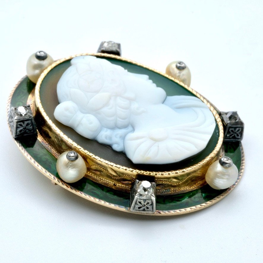 1900 Gold Cameo Brooch Agate Enamel Pearls And Diamonds.-photo-4