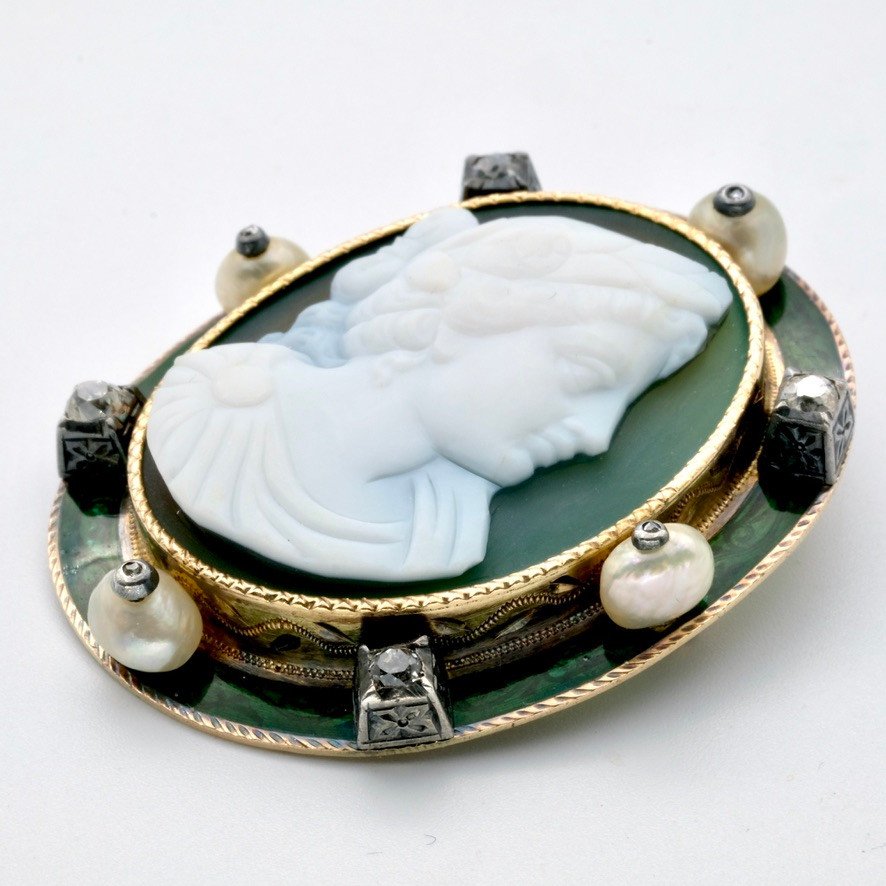 1900 Gold Cameo Brooch Agate Enamel Pearls And Diamonds.-photo-1