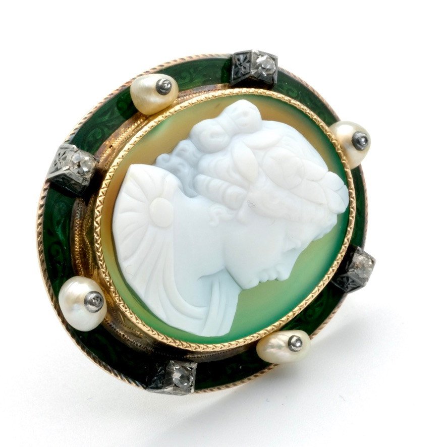 1900 Gold Cameo Brooch Agate Enamel Pearls And Diamonds.-photo-2