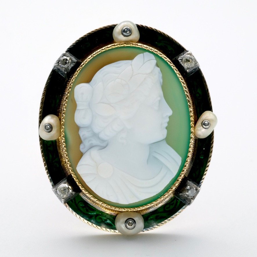 1900 Gold Cameo Brooch Agate Enamel Pearls And Diamonds.-photo-3