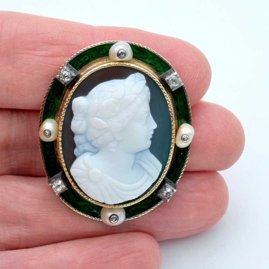 1900 Gold Cameo Brooch Agate Enamel Pearls And Diamonds.-photo-6