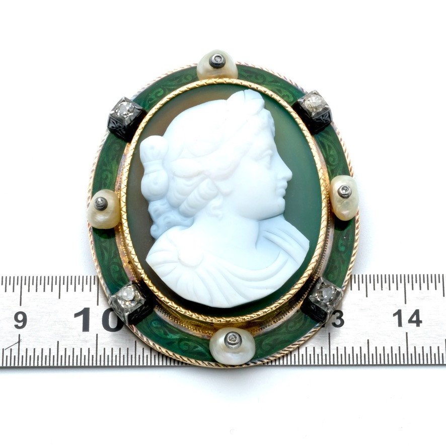 1900 Gold Cameo Brooch Agate Enamel Pearls And Diamonds.-photo-7