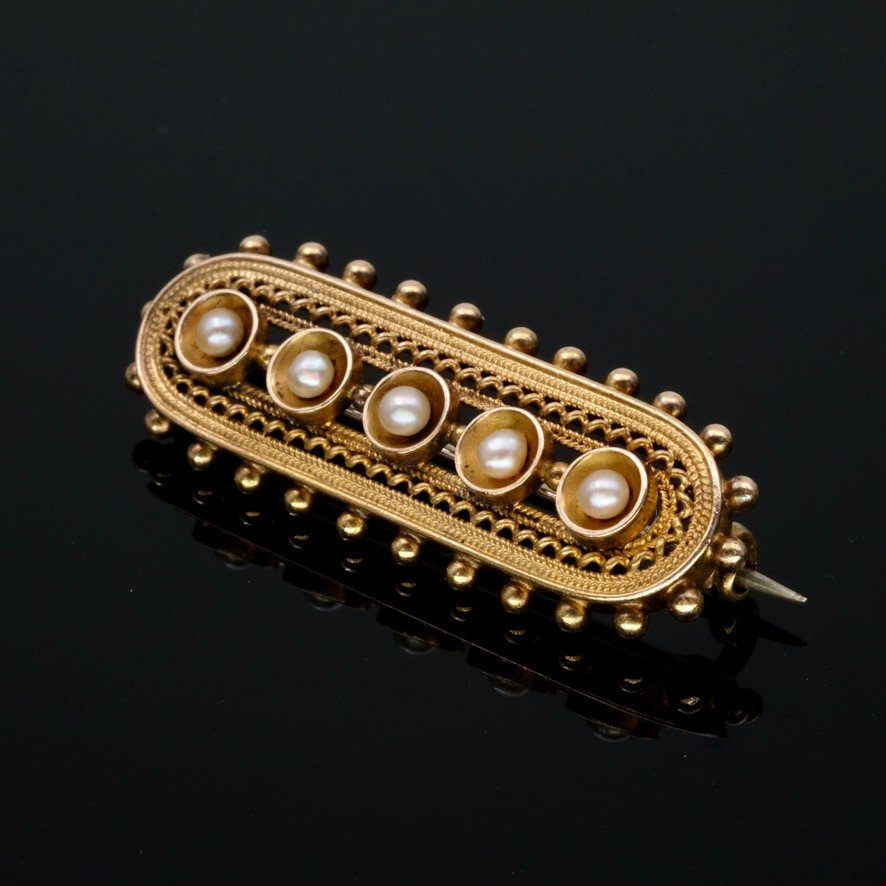 Victorian Etruscan Revival Brooch 15 Carat Gold And Pearls Late 19th Century-photo-2