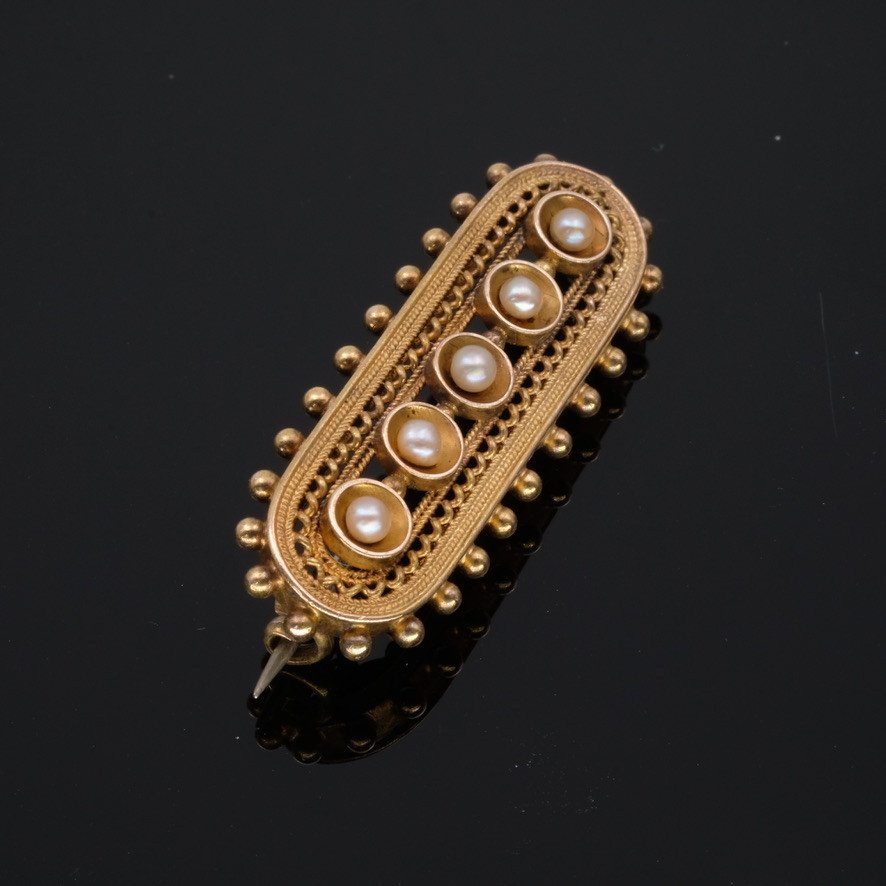 Victorian Etruscan Revival Brooch 15 Carat Gold And Pearls Late 19th Century-photo-3