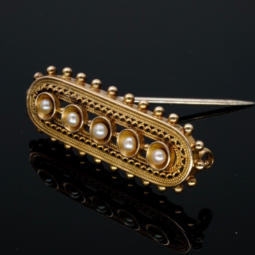 Broche Victorienne Etruscan Revival, Or 15 Carats Et Perles Fin 19ème-photo-4