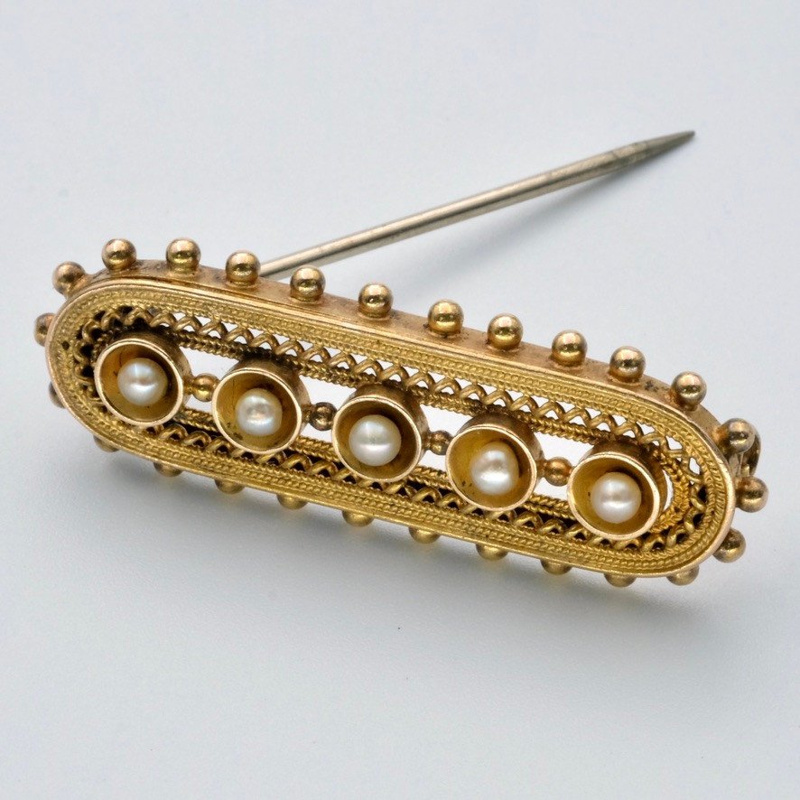 Victorian Etruscan Revival Brooch 15 Carat Gold And Pearls Late 19th Century-photo-1