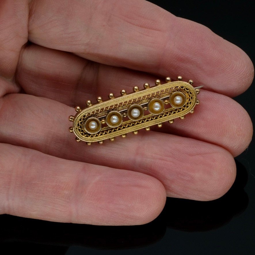 Victorian Etruscan Revival Brooch 15 Carat Gold And Pearls Late 19th Century-photo-3