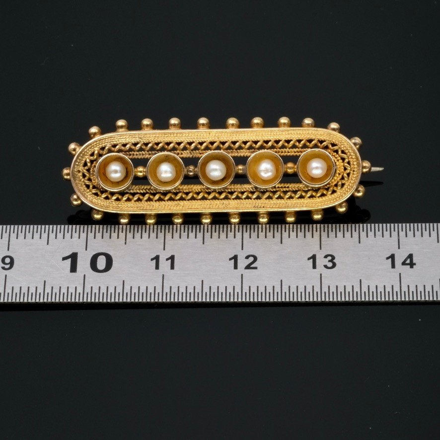 Broche Victorienne Etruscan Revival, Or 15 Carats Et Perles Fin 19ème-photo-4