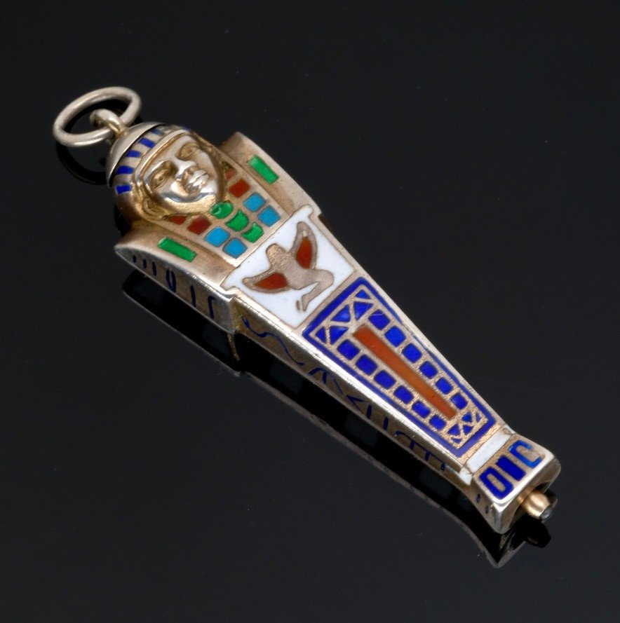 Egyptomania Silver And Enamel Art Deco Telescopic Mechanical Pencil Pendant-photo-2