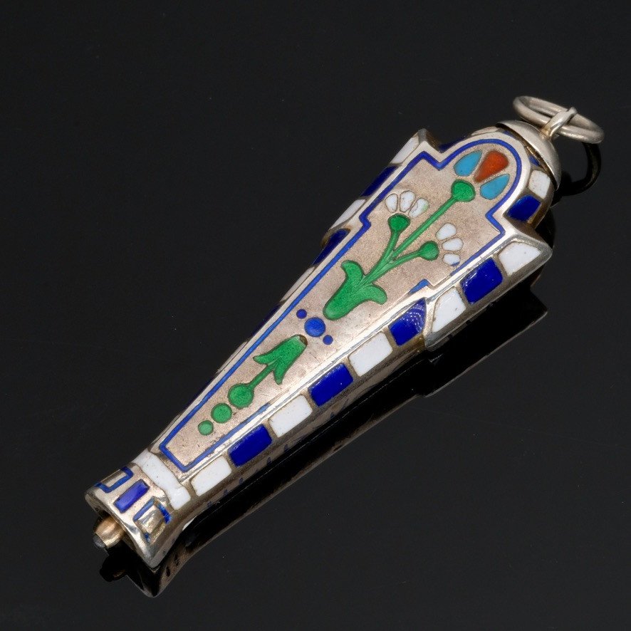 Egyptomania Silver And Enamel Art Deco Telescopic Mechanical Pencil Pendant-photo-3