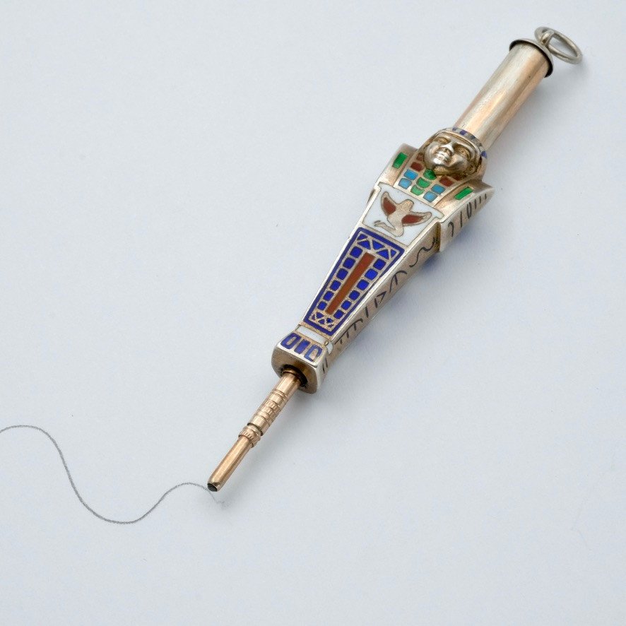 Egyptomania Silver And Enamel Art Deco Telescopic Mechanical Pencil Pendant-photo-1