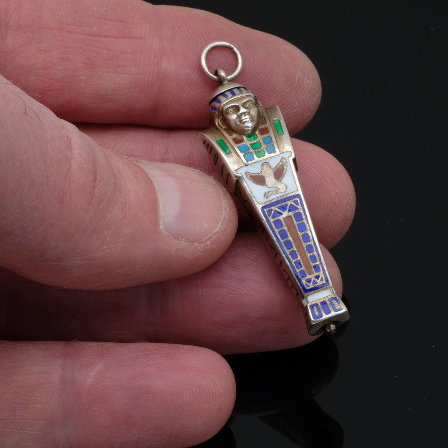 Egyptomania Silver And Enamel Art Deco Telescopic Mechanical Pencil Pendant-photo-2