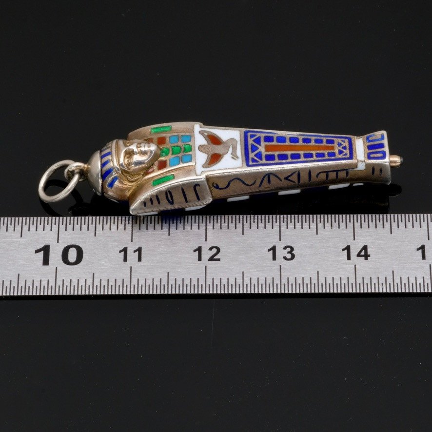 Egyptomania Silver And Enamel Art Deco Telescopic Mechanical Pencil Pendant-photo-4