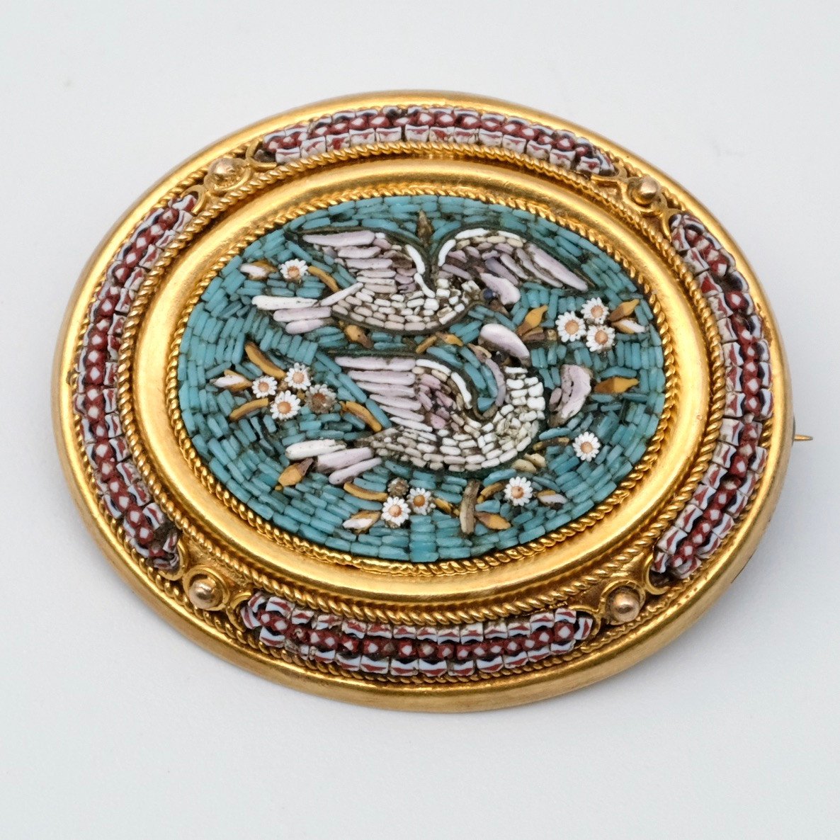 19th Century Micro Mosaic Doves Brooch 15 Carat Gold-photo-4