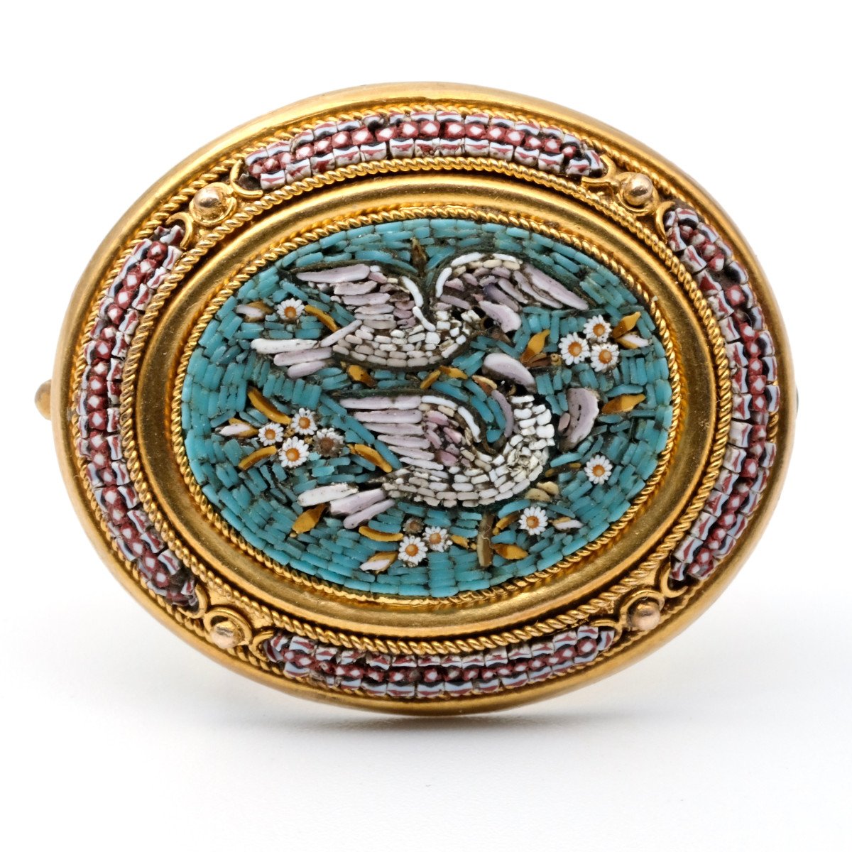 19th Century Micro Mosaic Doves Brooch 15 Carat Gold