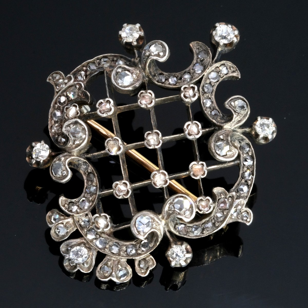 19th Century Gold Silver Diamond Rococo-baroque Brooch-photo-2