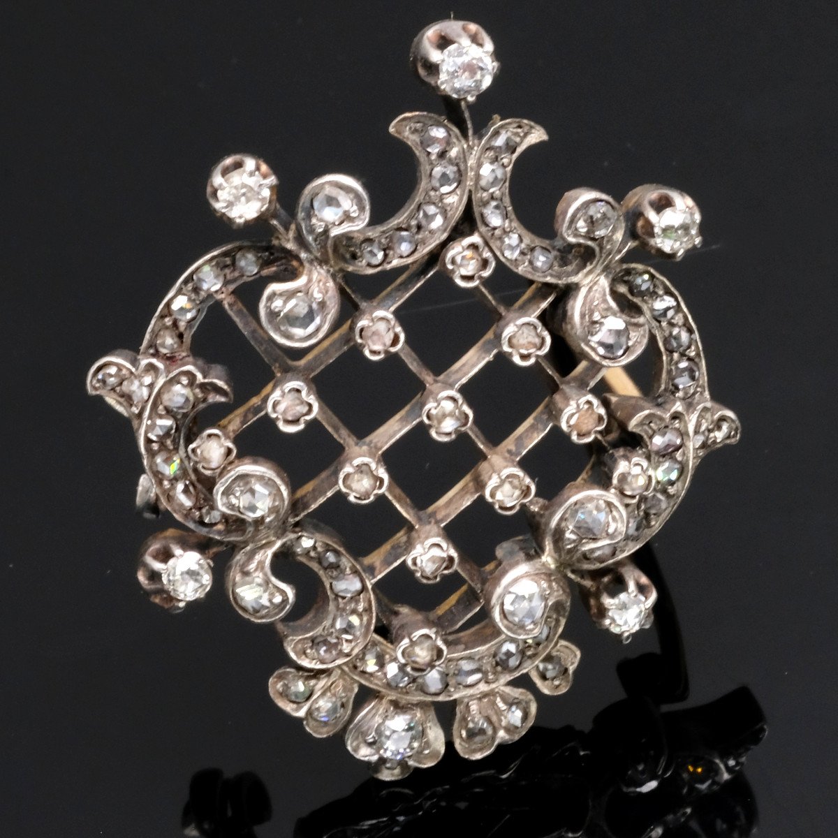 19th Century Gold Silver Diamond Rococo-baroque Brooch-photo-4