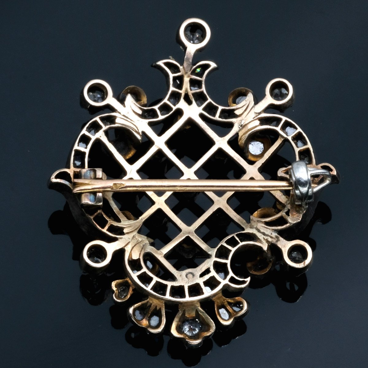 19th Century Gold Silver Diamond Rococo-baroque Brooch-photo-2