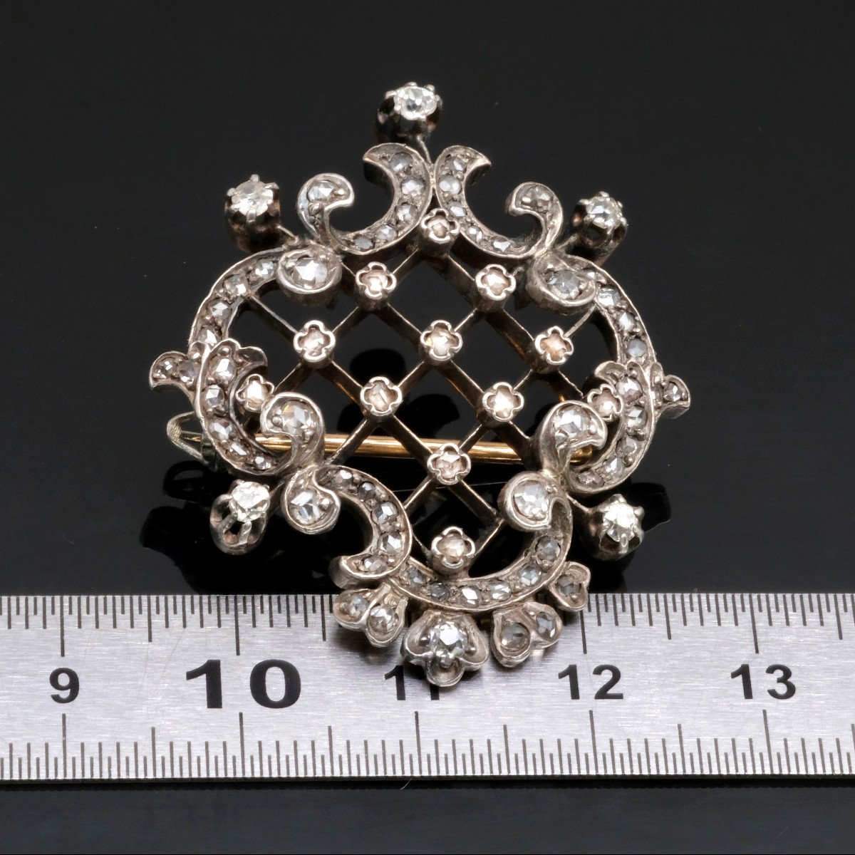 19th Century Gold Silver Diamond Rococo-baroque Brooch-photo-4