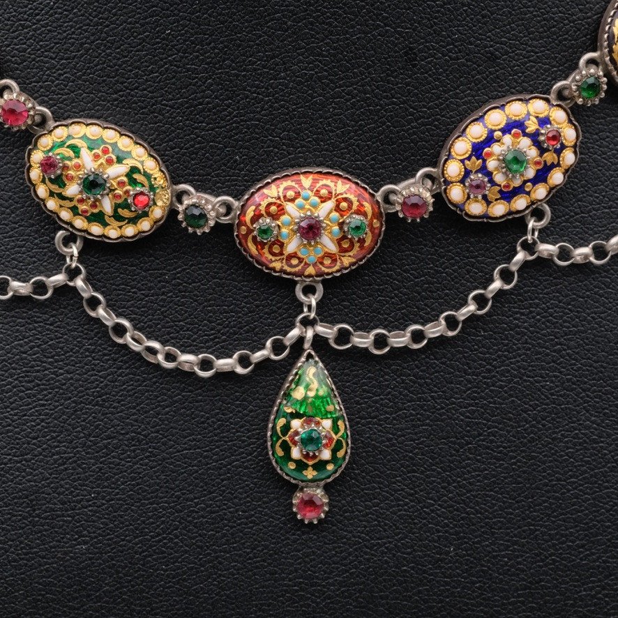 Drapery Necklace In Bressans Enamel And Silver From The Napoleon III Period-photo-2