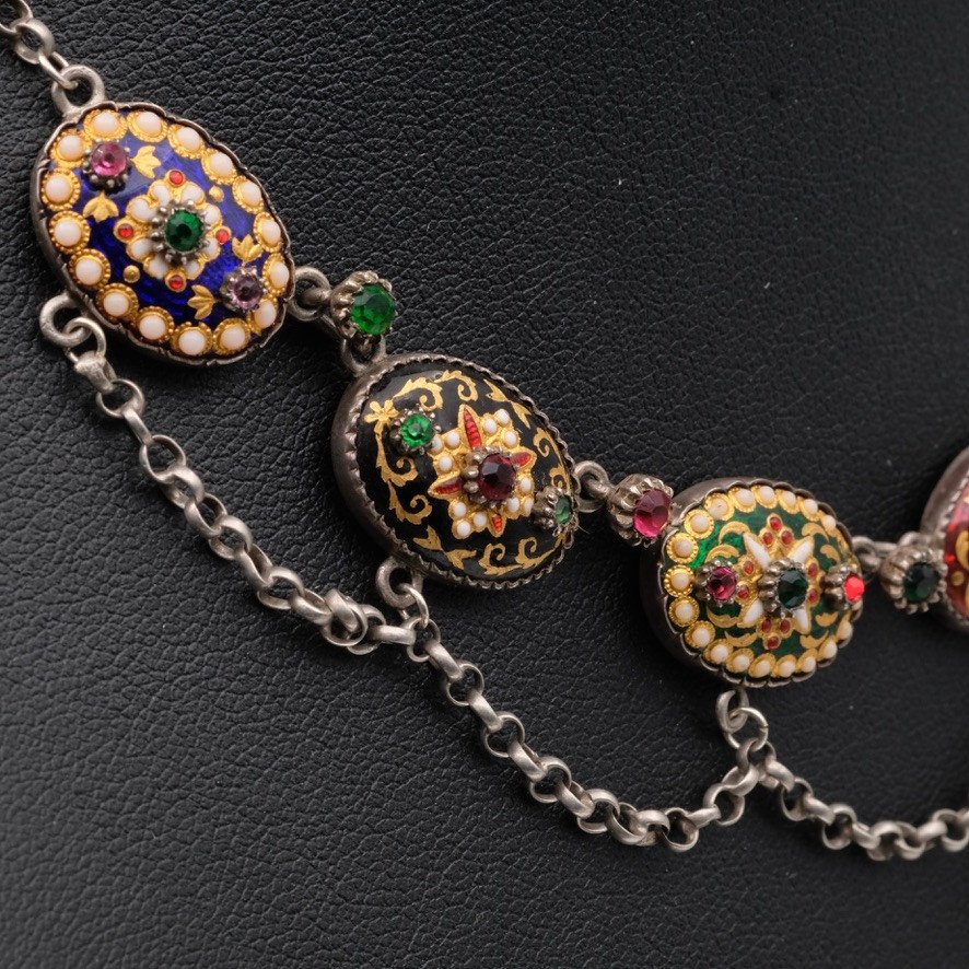 Drapery Necklace In Bressans Enamel And Silver From The Napoleon III Period-photo-3