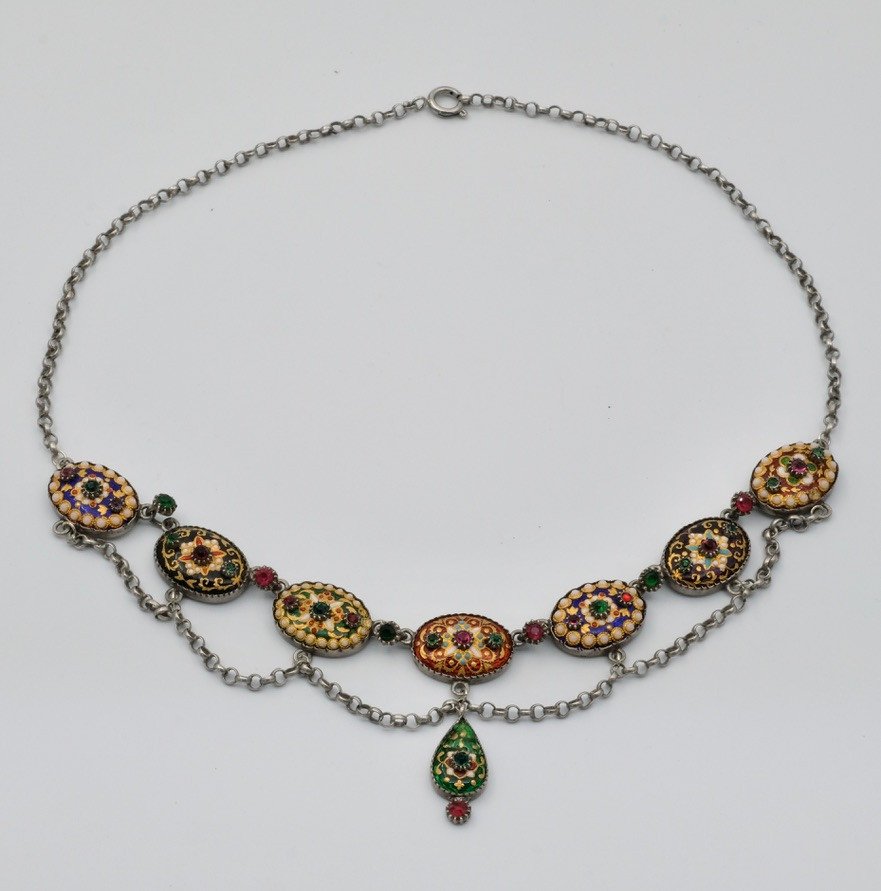 Drapery Necklace In Bressans Enamel And Silver From The Napoleon III Period-photo-1