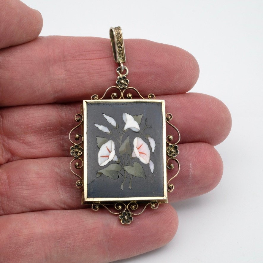 Memento Pietra Dura Vermeil Grand Tour Pendant Napoleon III Period-photo-4