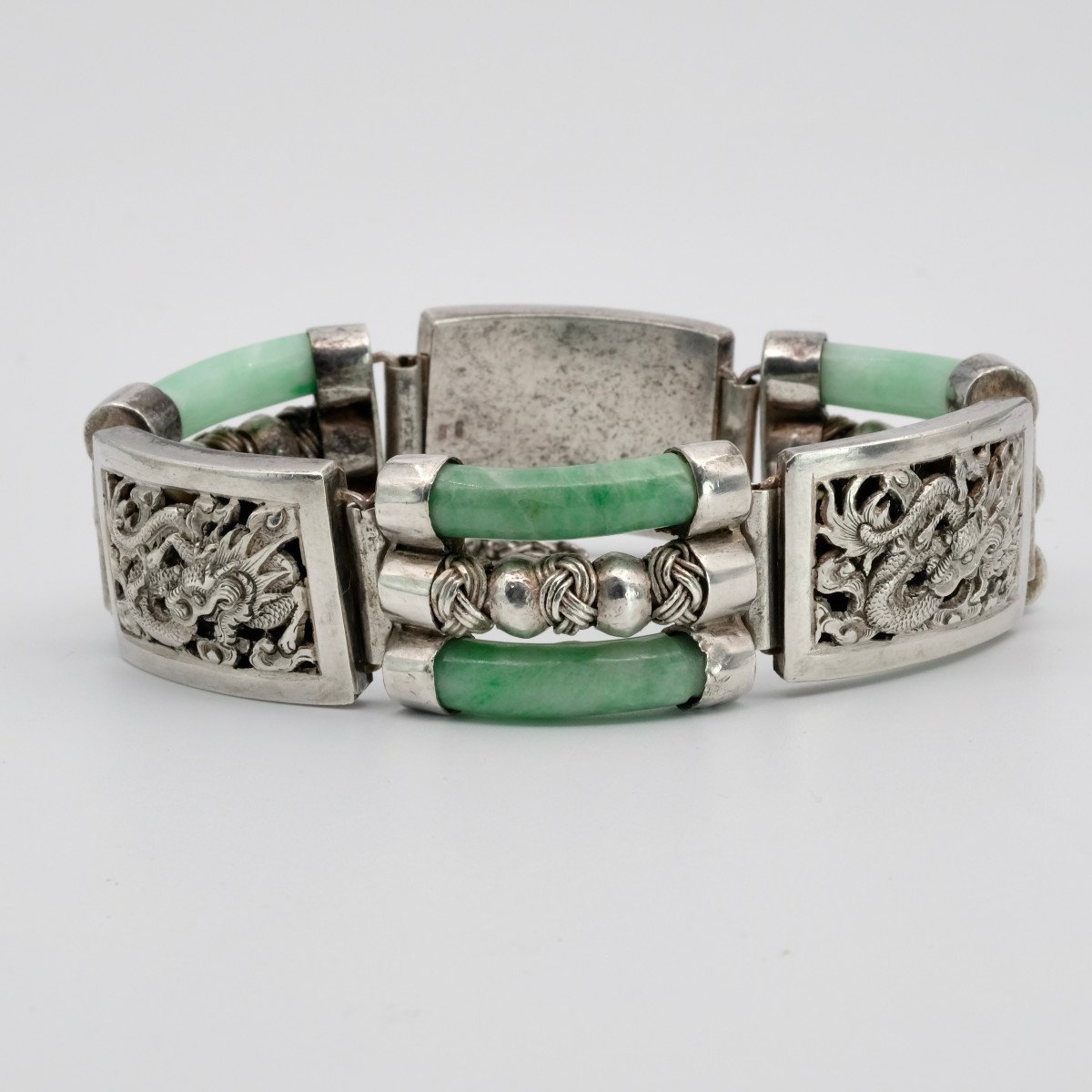 Antique Jadeite And Repoussé Silver Bracelet, 1930s-photo-3