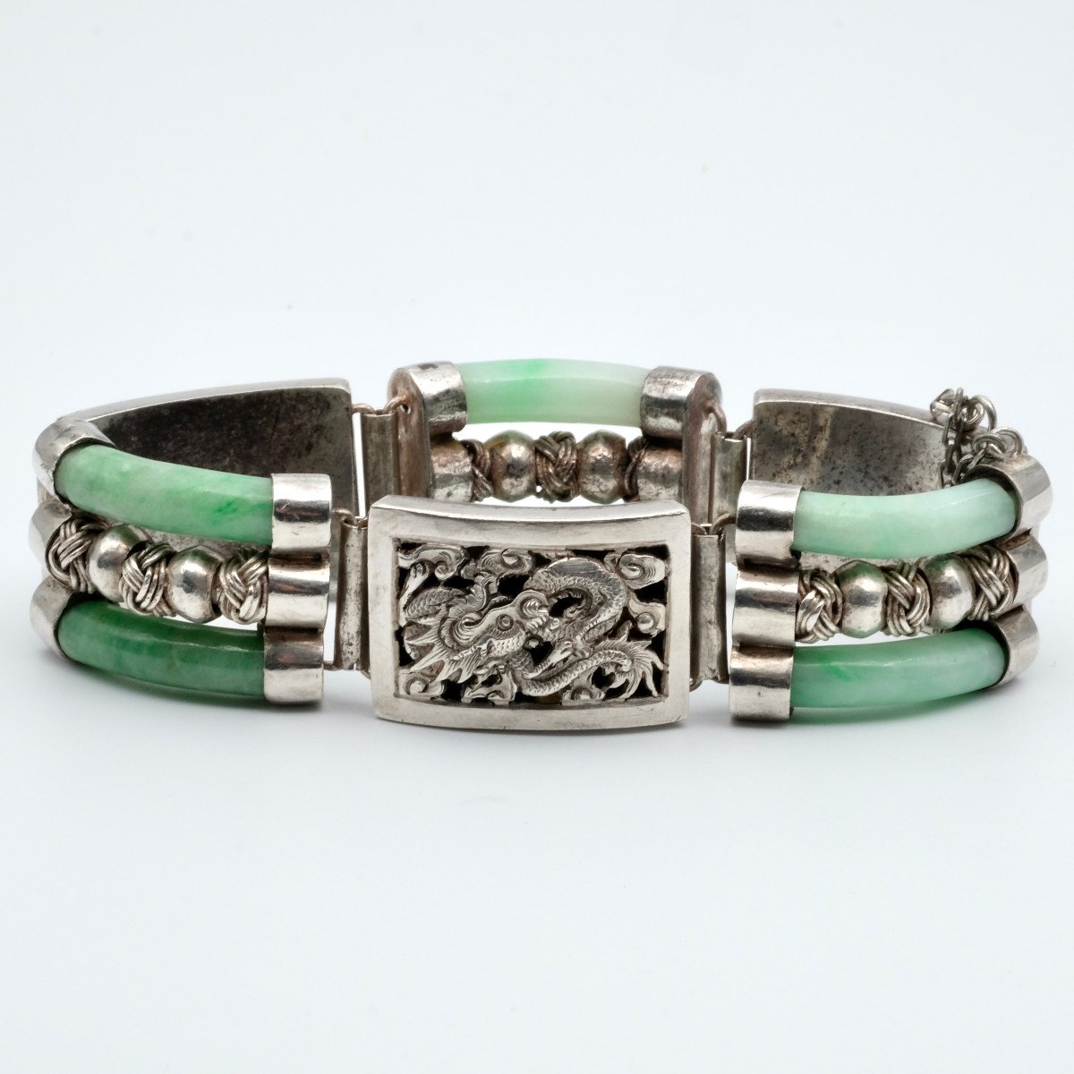 Antique Jadeite And Repoussé Silver Bracelet, 1930s-photo-4