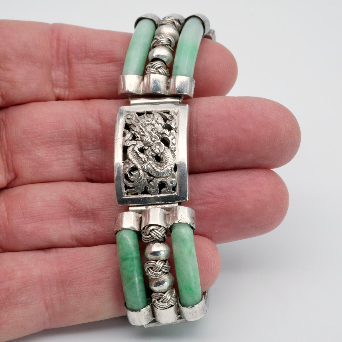 Antique Jadeite And Repoussé Silver Bracelet, 1930s-photo-1