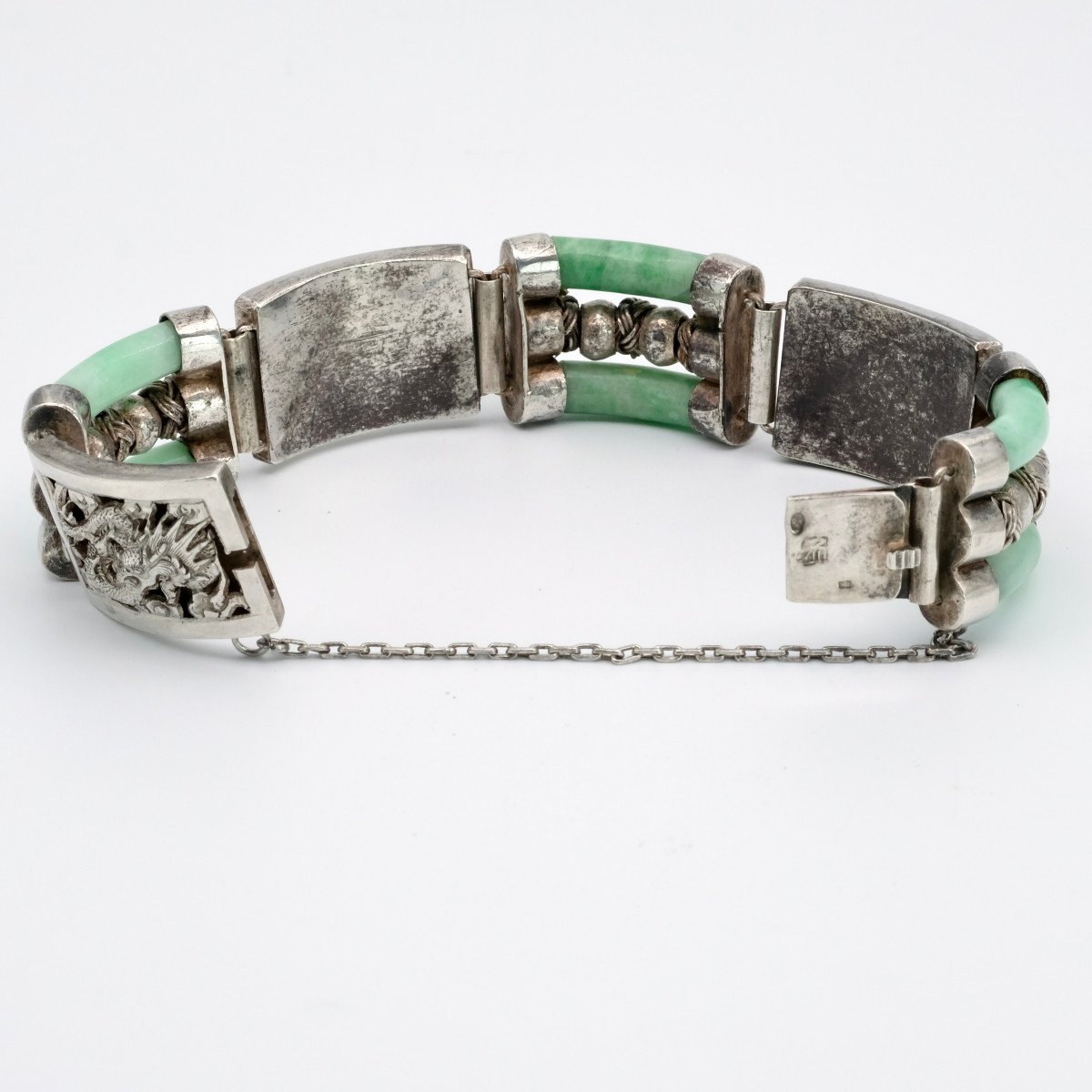 Antique Jadeite And Repoussé Silver Bracelet, 1930s-photo-2