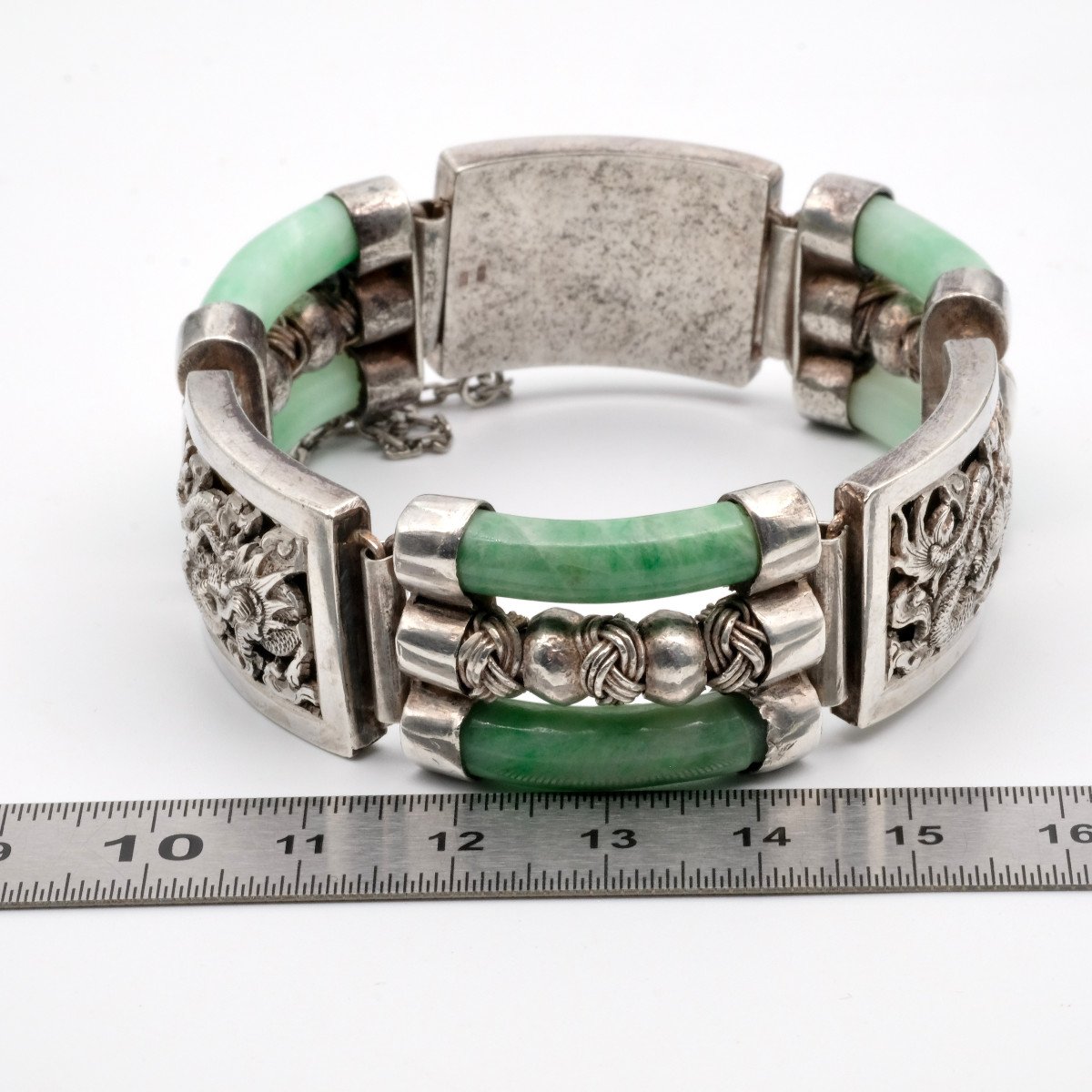 Antique Jadeite And Repoussé Silver Bracelet, 1930s-photo-4