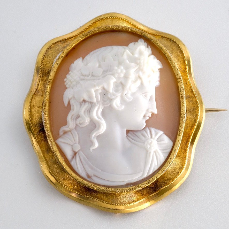 Cameo Brooch With Flora Profile In Gold And Shell, In Napoleon III Period Case-photo-2