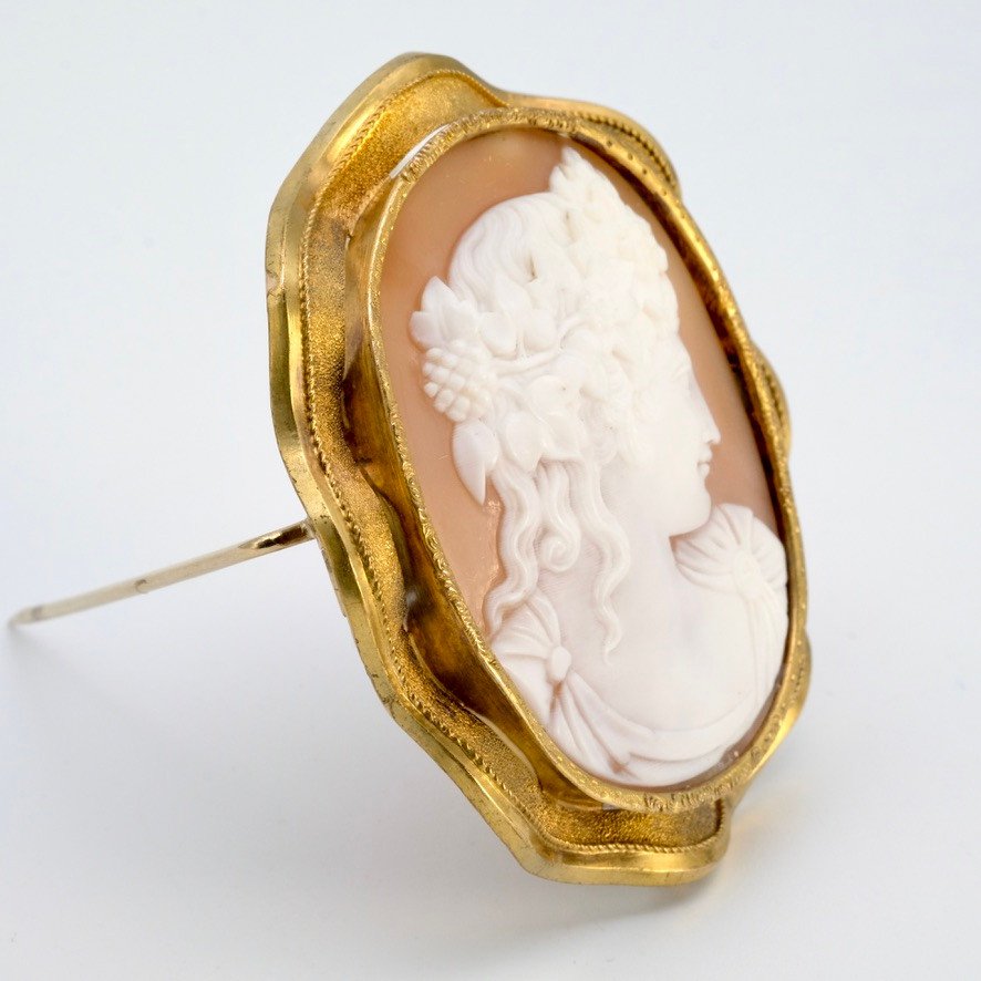 Cameo Brooch With Flora Profile In Gold And Shell, In Napoleon III Period Case-photo-3