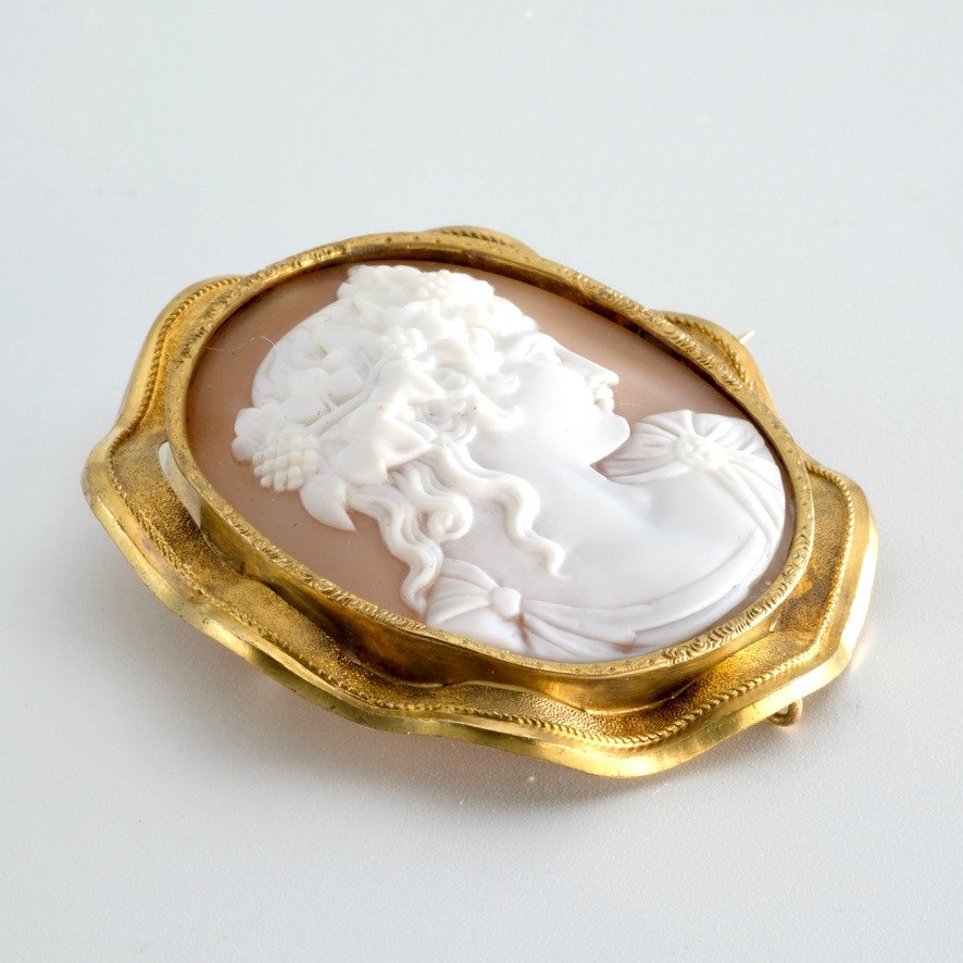 Cameo Brooch With Flora Profile In Gold And Shell, In Napoleon III Period Case-photo-4