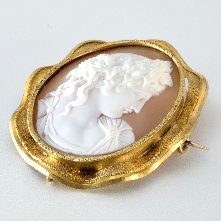 Cameo Brooch With Flora Profile In Gold And Shell, In Napoleon III Period Case-photo-1