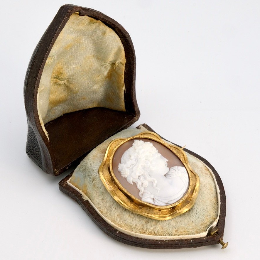 Cameo Brooch With Flora Profile In Gold And Shell, In Napoleon III Period Case-photo-3