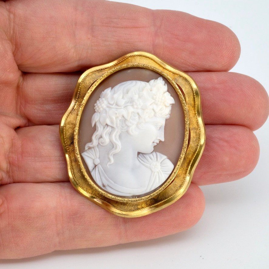 Cameo Brooch With Flora Profile In Gold And Shell, In Napoleon III Period Case-photo-7