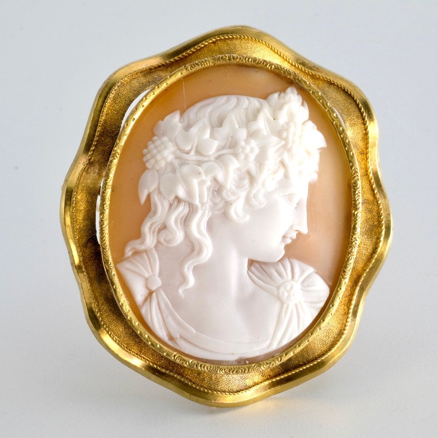 Cameo Brooch With Flora Profile In Gold And Shell, In Napoleon III Period Case-photo-2