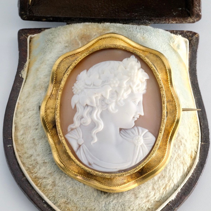 Cameo Brooch With Flora Profile In Gold And Shell, In Napoleon III Period Case