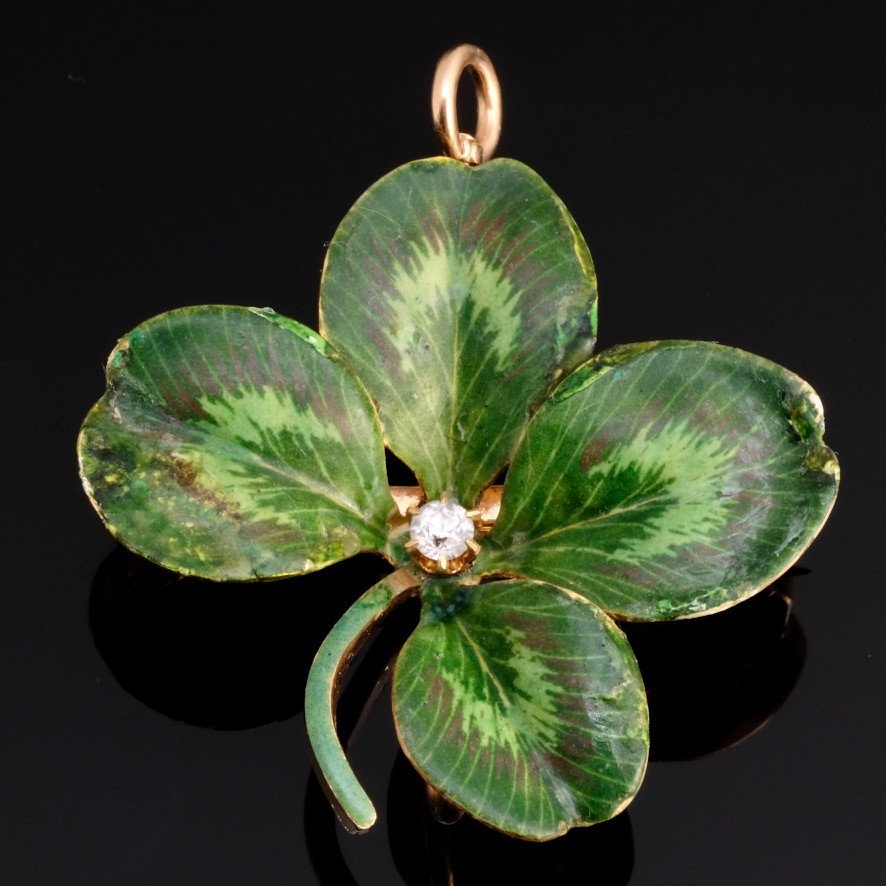 Krementz Art Nouveau Clover Enamel And Gold Pendant Brooch-photo-2