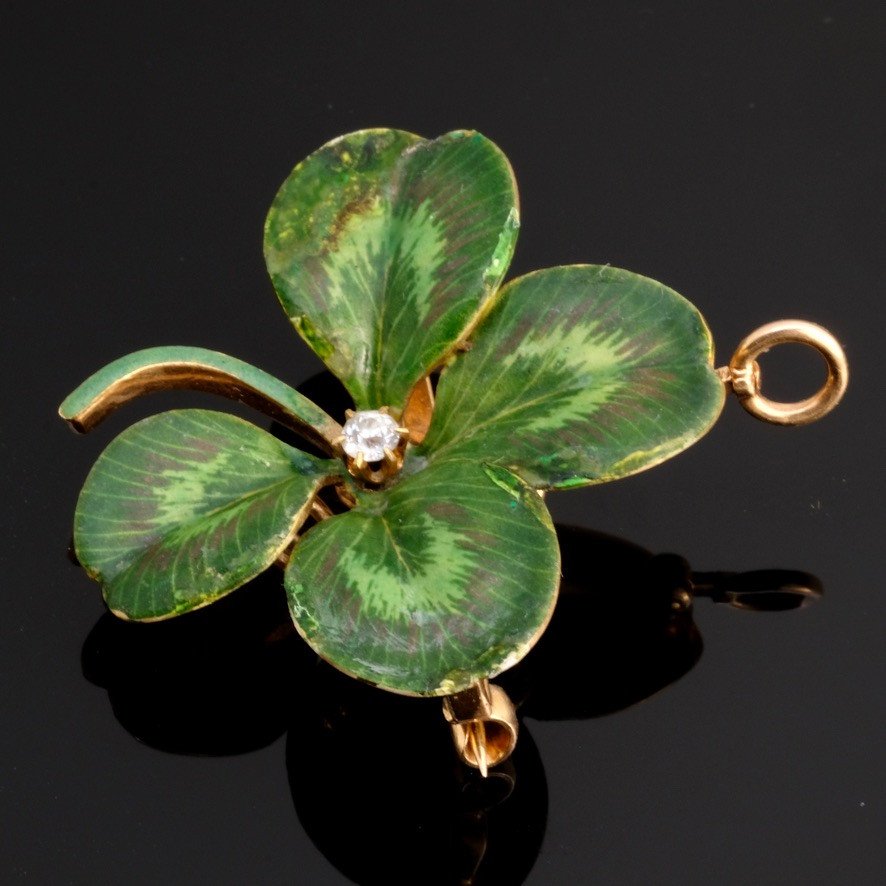 Krementz Art Nouveau Clover Enamel And Gold Pendant Brooch-photo-3