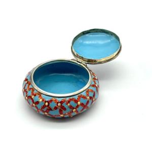 Antique 19th Century Bressans Enamel  And Silver Round Pillbox 