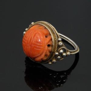Old Arts And Crafts Ring Early 20th Century Coral Ball On Vermeil