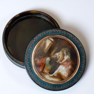 Late 18th Century Box In Green Composition Lined With Tortoiseshell, Miniature Biblical Scene