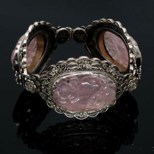 Bracelet 1930s Filigrane Argent, Motifs Quartz Rose Sculpt&eacute;s