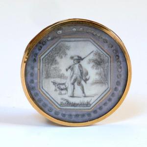 Large 18th Century Miniature Grisaille Button Hunter And His Dogs