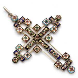 Large Cross Pendant 19th Century Bressans Enamels, Vermeil